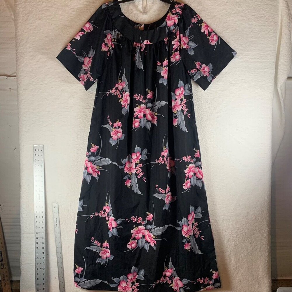 VTG Hawaiian Hawaii Fashions By Loke Womens Black‎ Pink Floral Midi Dress Size L
